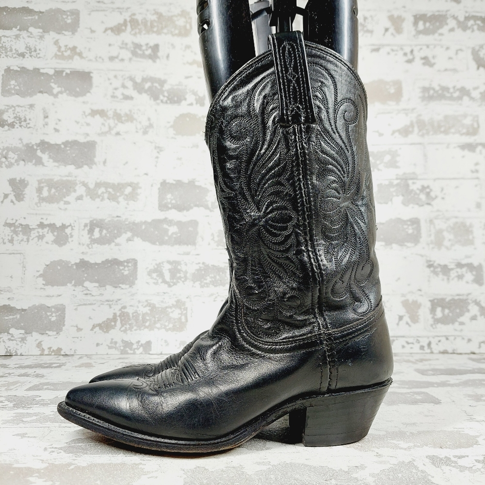 Dan Post Black Leather Embroidered Pointed Toe Western Cowboy Boots I680